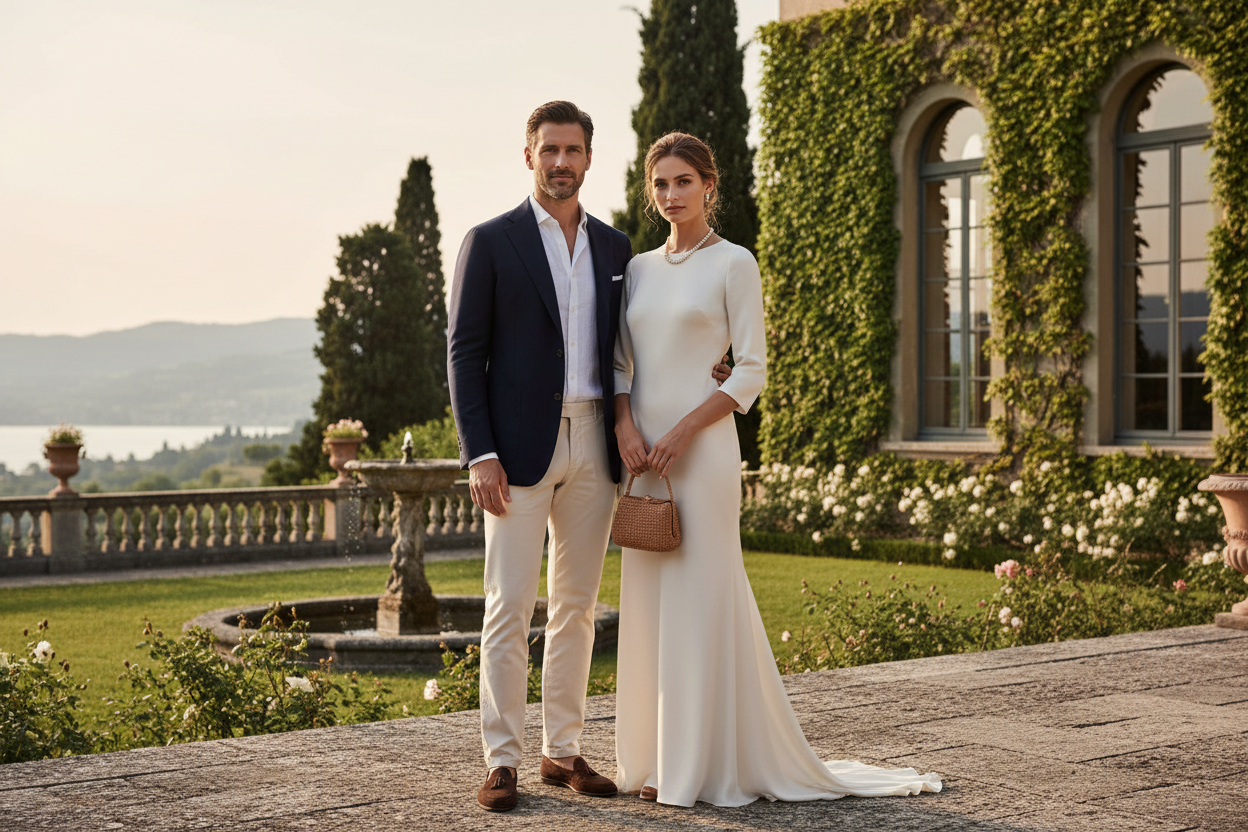 A sophisticated couple in high-end luxury 'old money' fashion, a man wearing a tailored navy blazer, white linen shirt, and beige chinos, and an elegant woman in timeless luxury attire, standing together in a classic European estate setting, elegant aesthetic, quiet luxury, high quality.