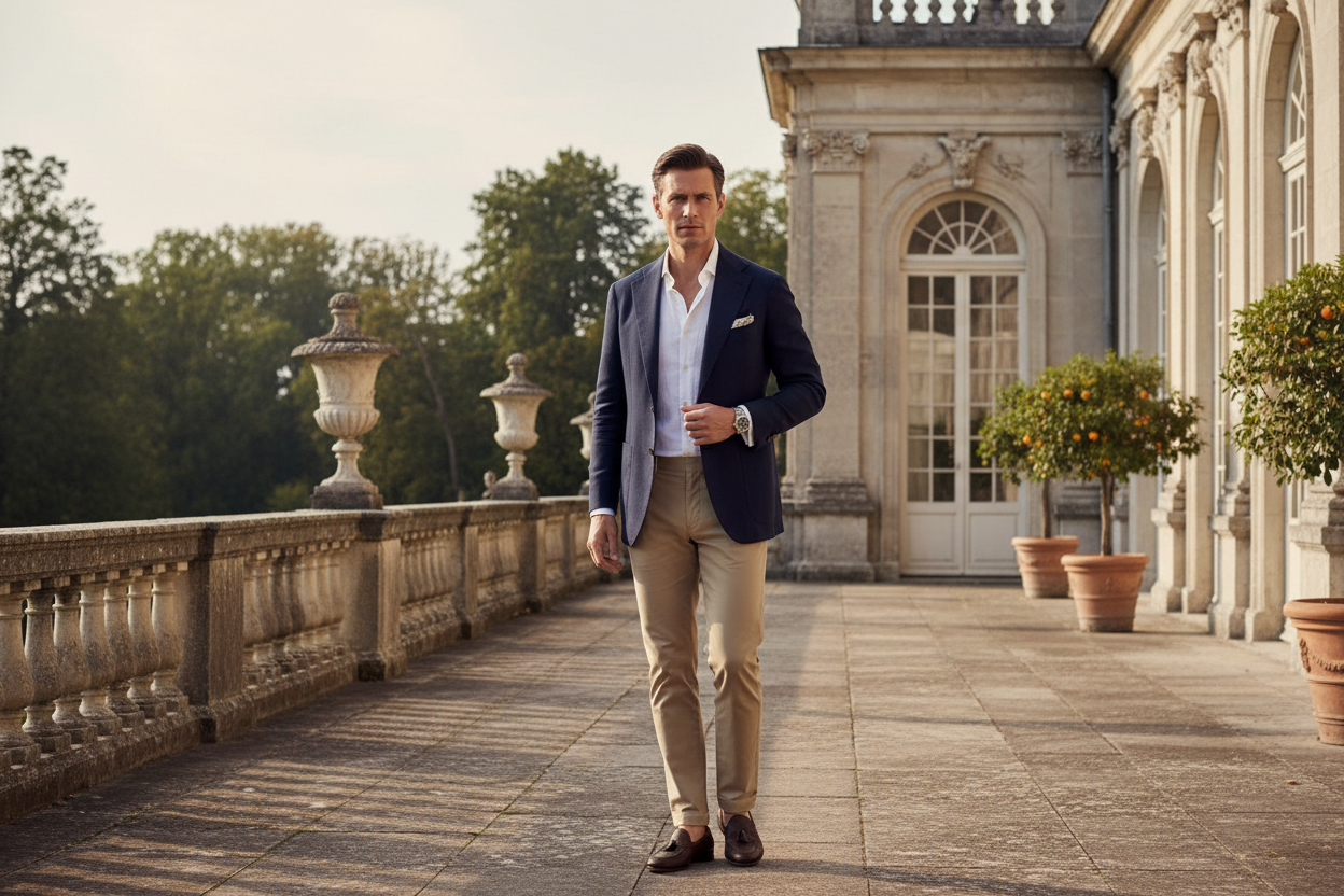 A sophisticated man in high-end luxury 'old money' fashion, wearing a tailored navy blazer, white linen shirt, and beige chinos, standing in a classic European estate setting, elegant aesthetic, quiet luxury, high quality